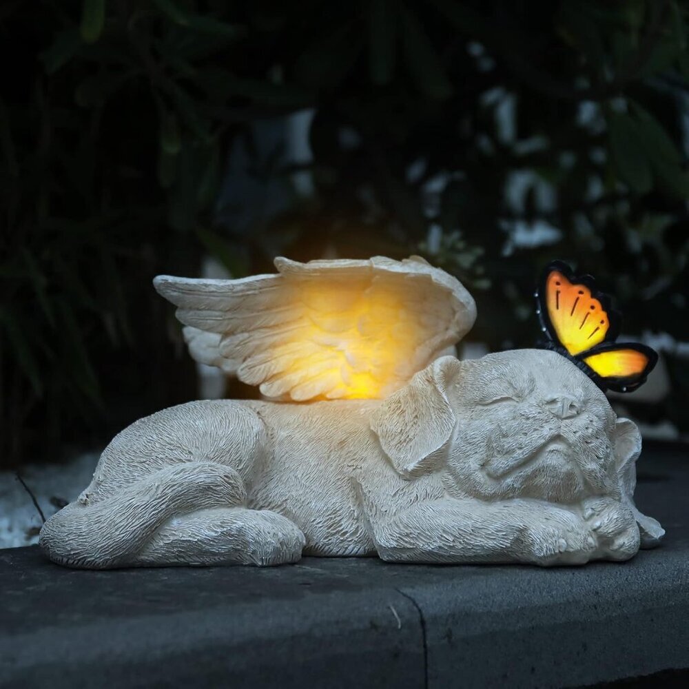 Sleeping Dog Angel Statue with Solar Light - Pet Memorial Stone, in Memory of Do